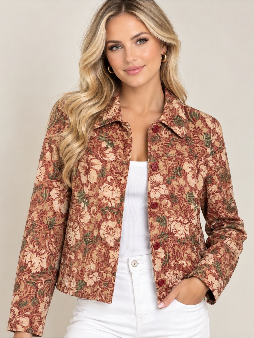 Rebecca Malone Rose-Tone Floral Quilted Jean Jacket Size M